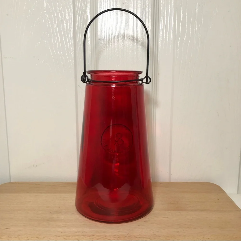 Genuine Crafted & Original Red Glass Ribbed Candle Holder with Metal Wire Handle